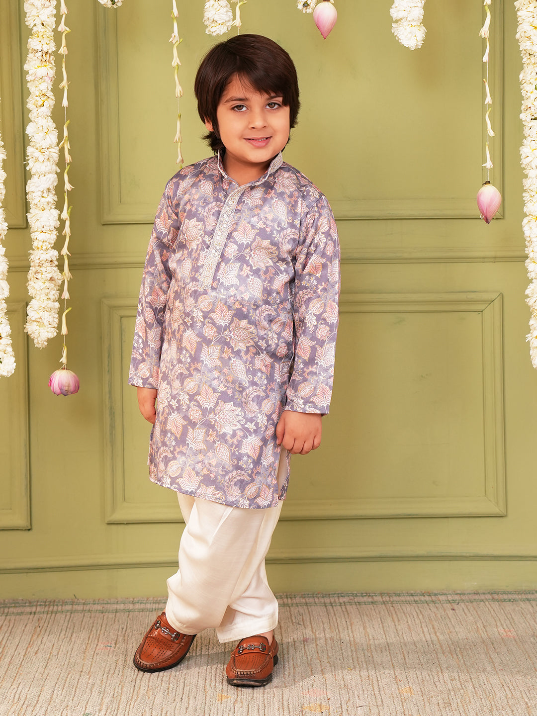 Grey and Peach Foil Print Cotton Blend Kurta and Pyjama For Boys
