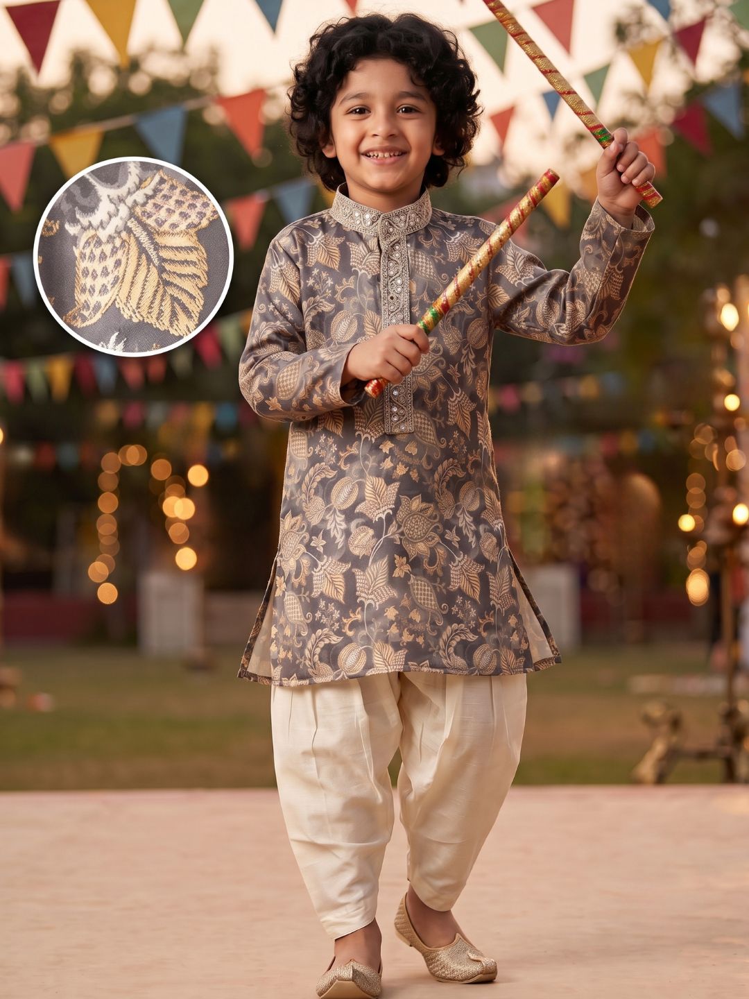 Grey and Yellow Foil Print Cotton Blend Kurta and Pyjama For Boys