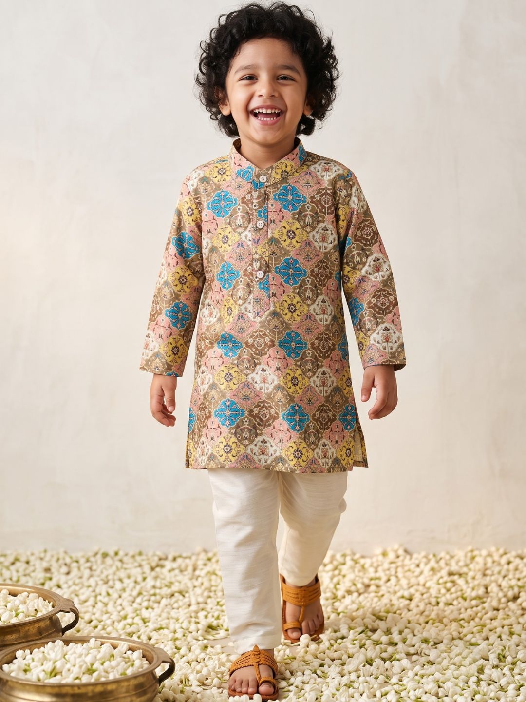 Multi Foil Print Silk Blend Kurta and Pyjama For Boys