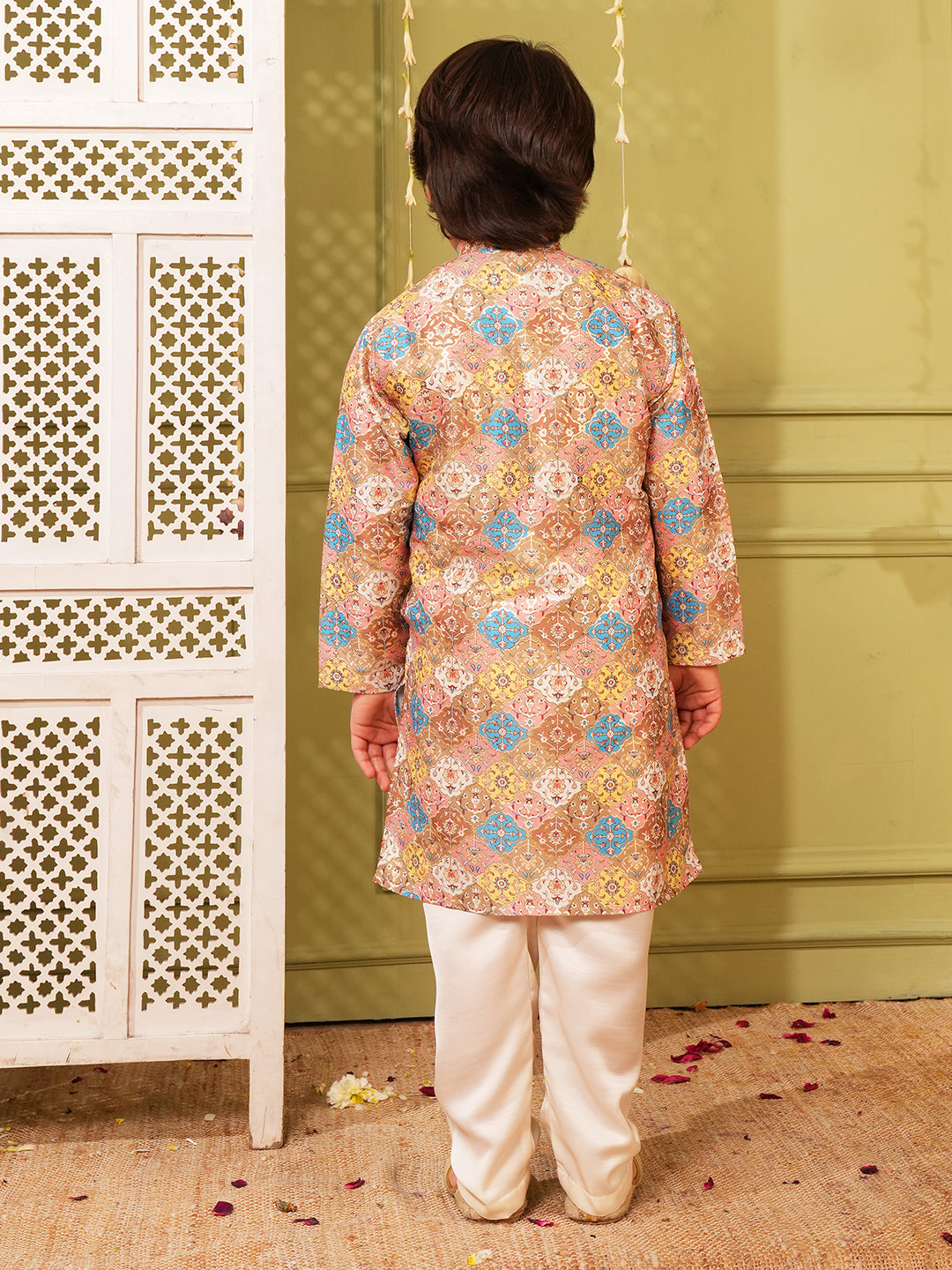 Multi Foil Print Silk Blend Kurta and Pyjama For Boys
