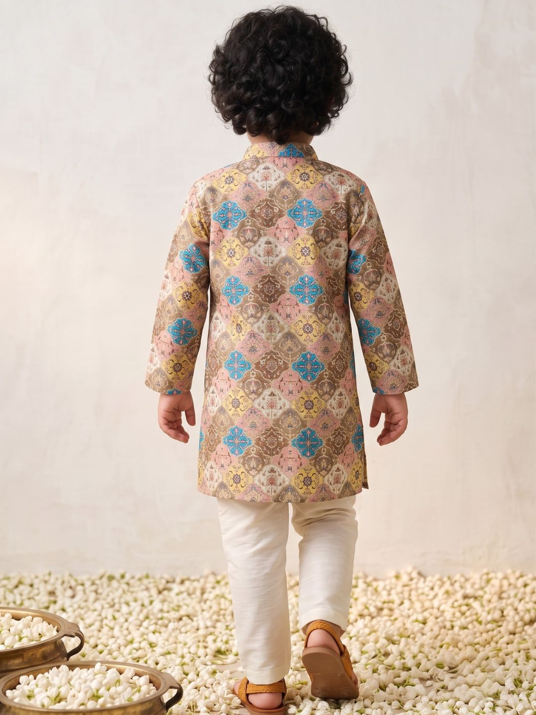 Multi Foil Print Silk Blend Kurta and Pyjama For Boys