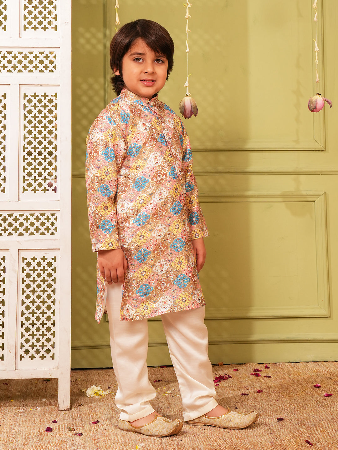 Multi Foil Print Silk Blend Kurta and Pyjama For Boys