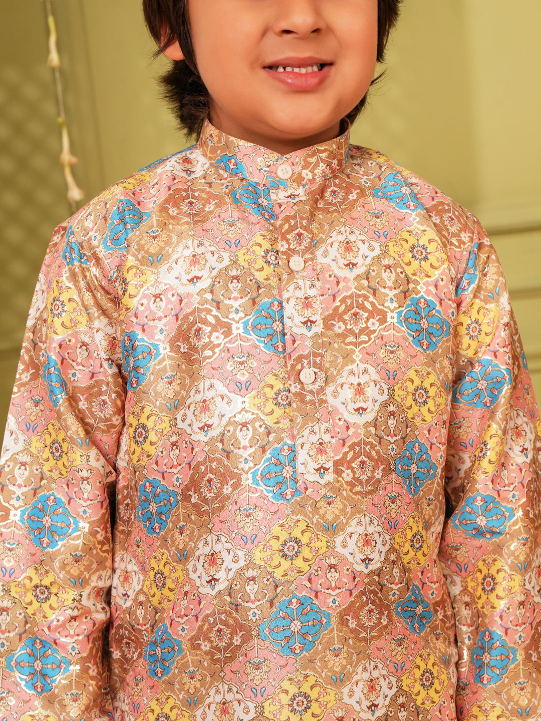 Multi Foil Print Silk Blend Kurta and Pyjama For Boys