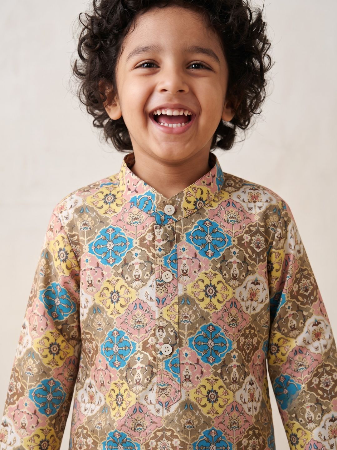Multi Foil Print Silk Blend Kurta and Pyjama For Boys