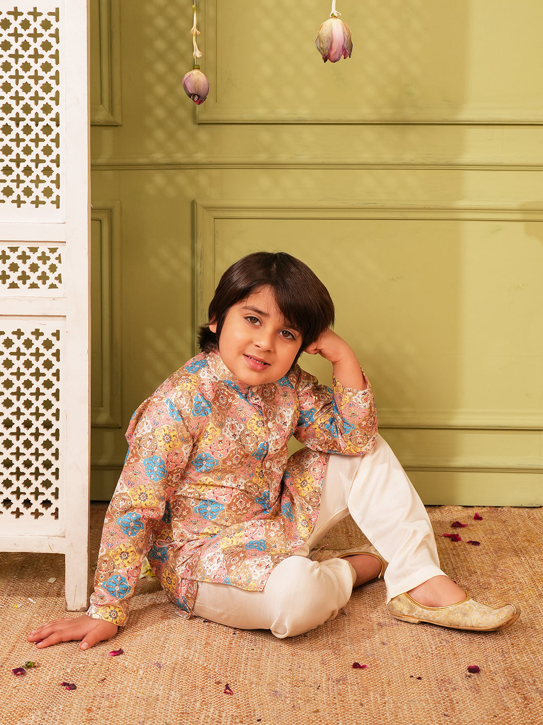 Multi Foil Print Silk Blend Kurta and Pyjama For Boys