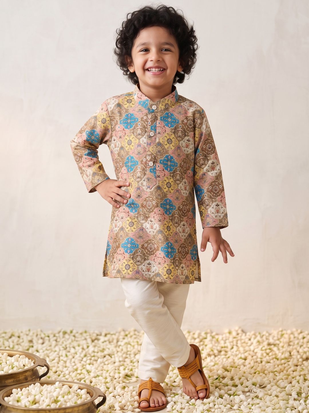 Multi Foil Print Silk Blend Kurta and Pyjama For Boys