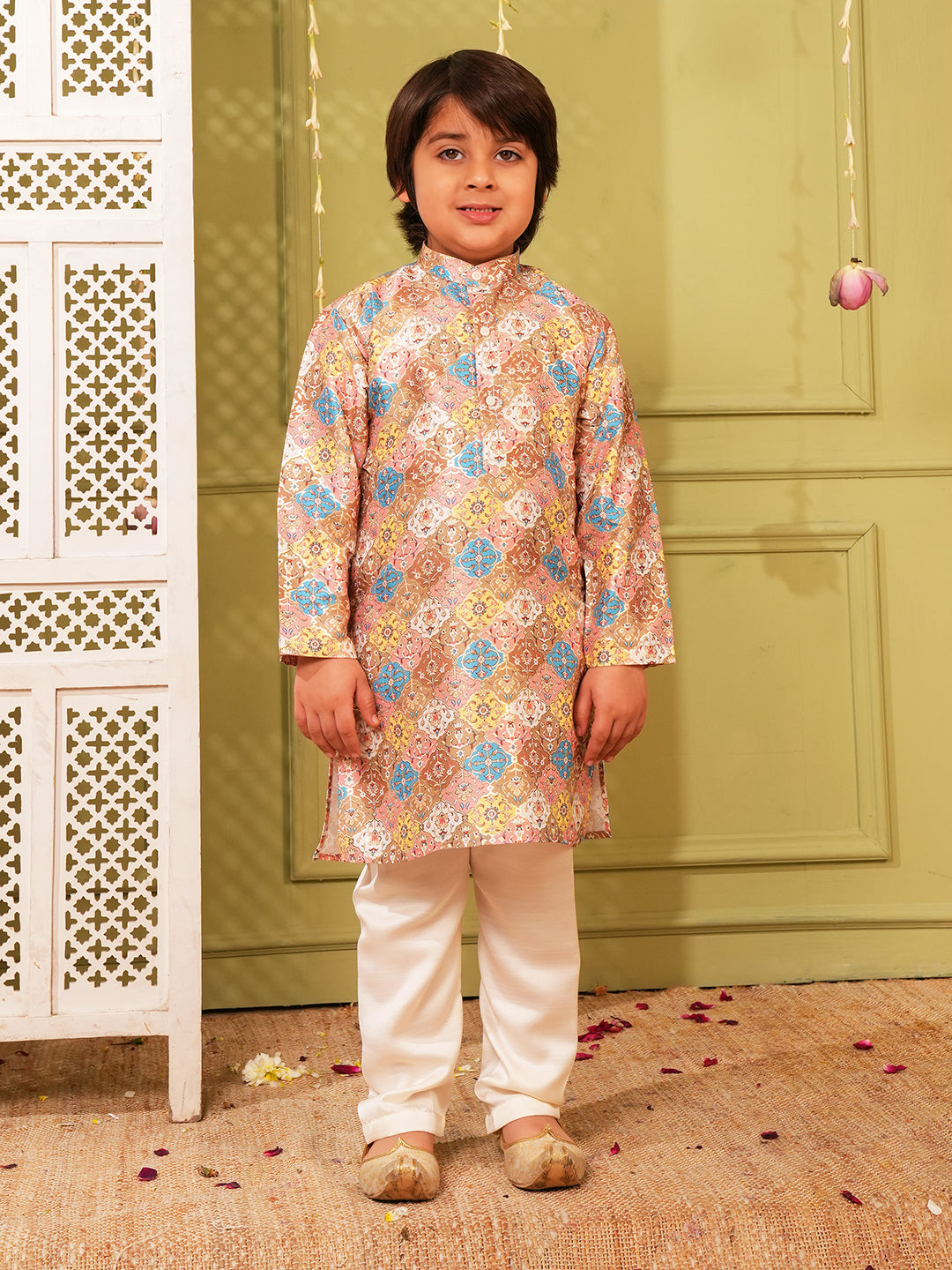 Multi Foil Print Silk Blend Kurta and Pyjama For Boys