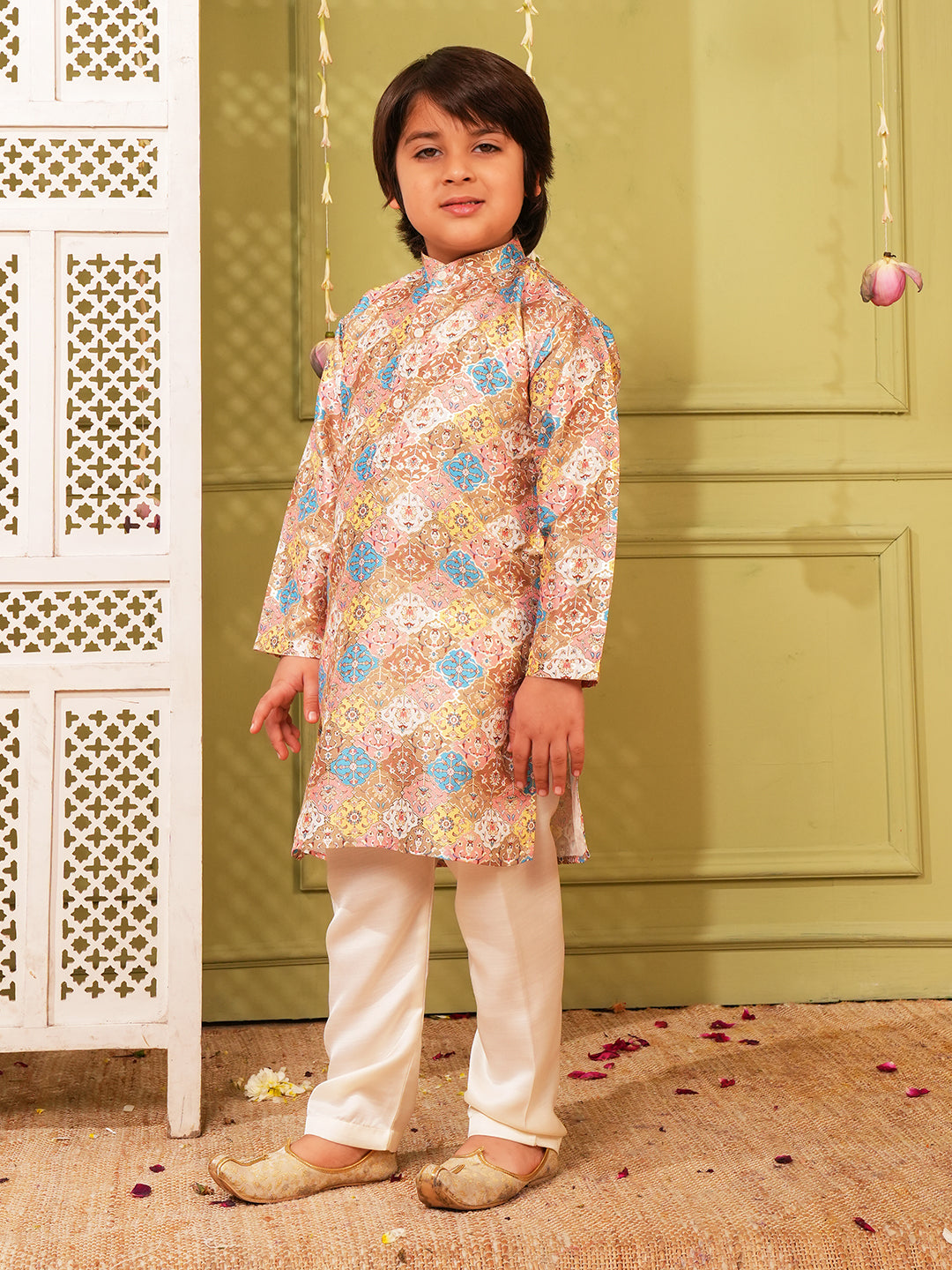 Multi Foil Print Silk Blend Kurta and Pyjama For Boys