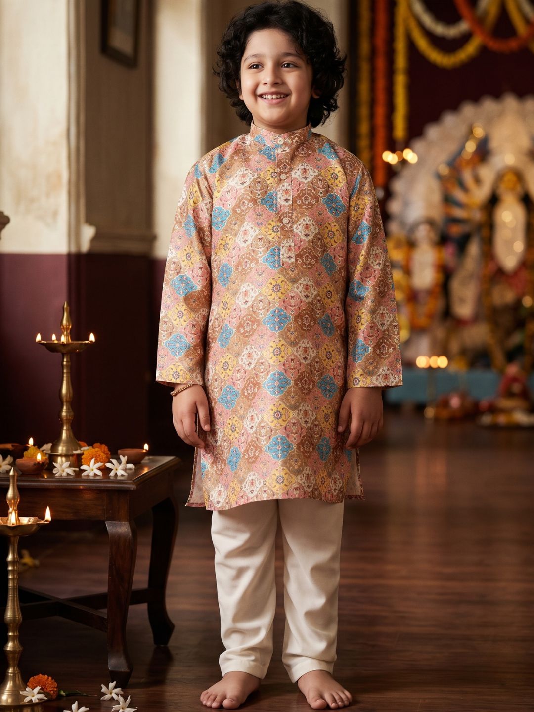 Multi Foil Print Silk Blend Kurta and Pyjama For Boys
