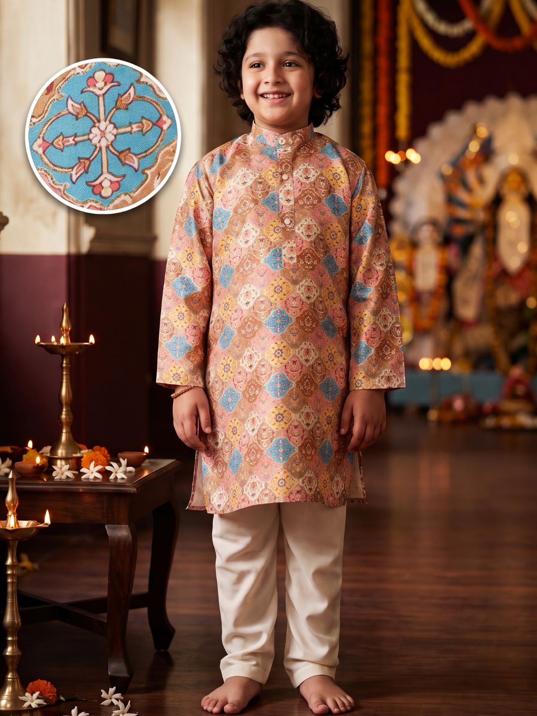 Multi Foil Print Silk Blend Kurta and Pyjama For Boys