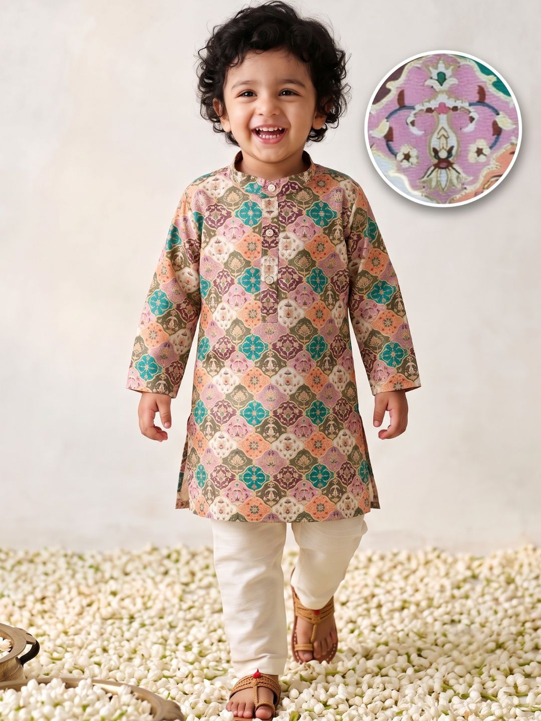 Multi Foil Print Silk Blend Kurta and Pyjama For Boys