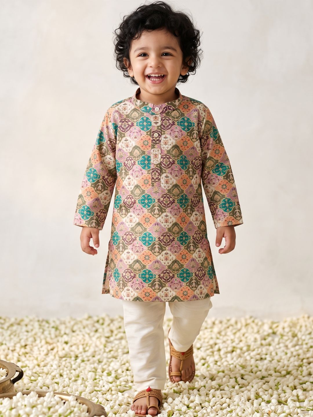 Multi Foil Print Silk Blend Kurta and Pyjama For Boys