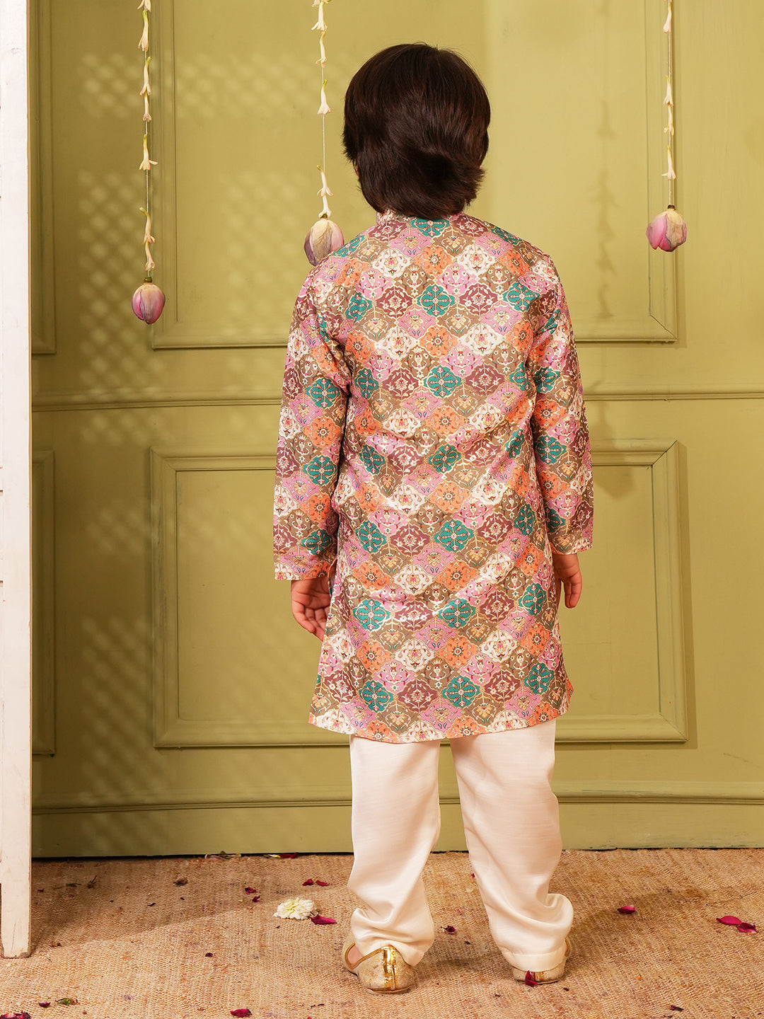 Multi Foil Print Silk Blend Kurta and Pyjama For Boys