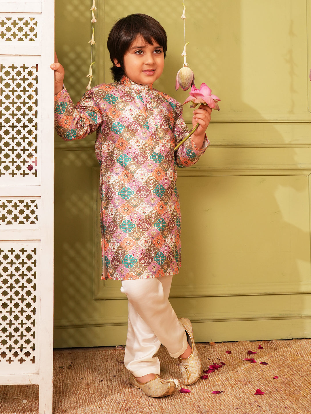 Multi Foil Print Silk Blend Kurta and Pyjama For Boys