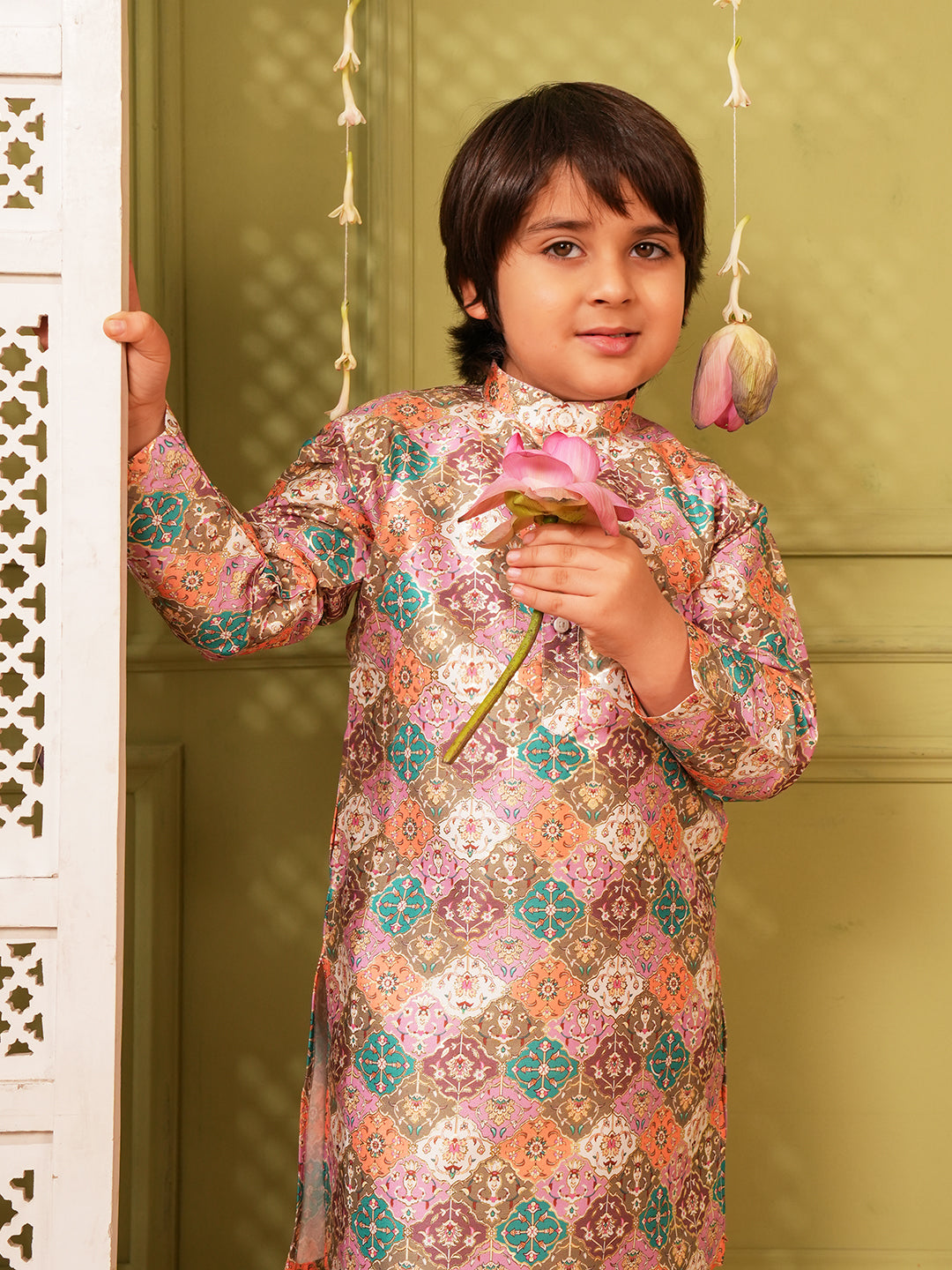 Multi Foil Print Silk Blend Kurta and Pyjama For Boys