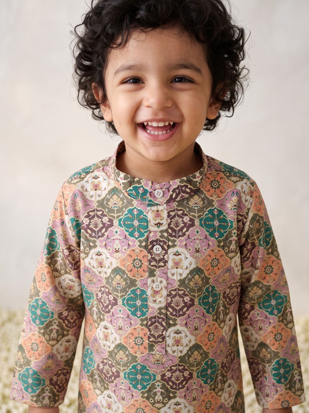 Multi Foil Print Silk Blend Kurta and Pyjama For Boys