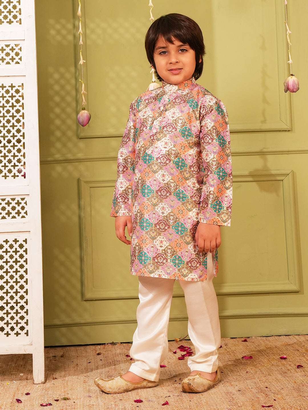 Multi Foil Print Silk Blend Kurta and Pyjama For Boys