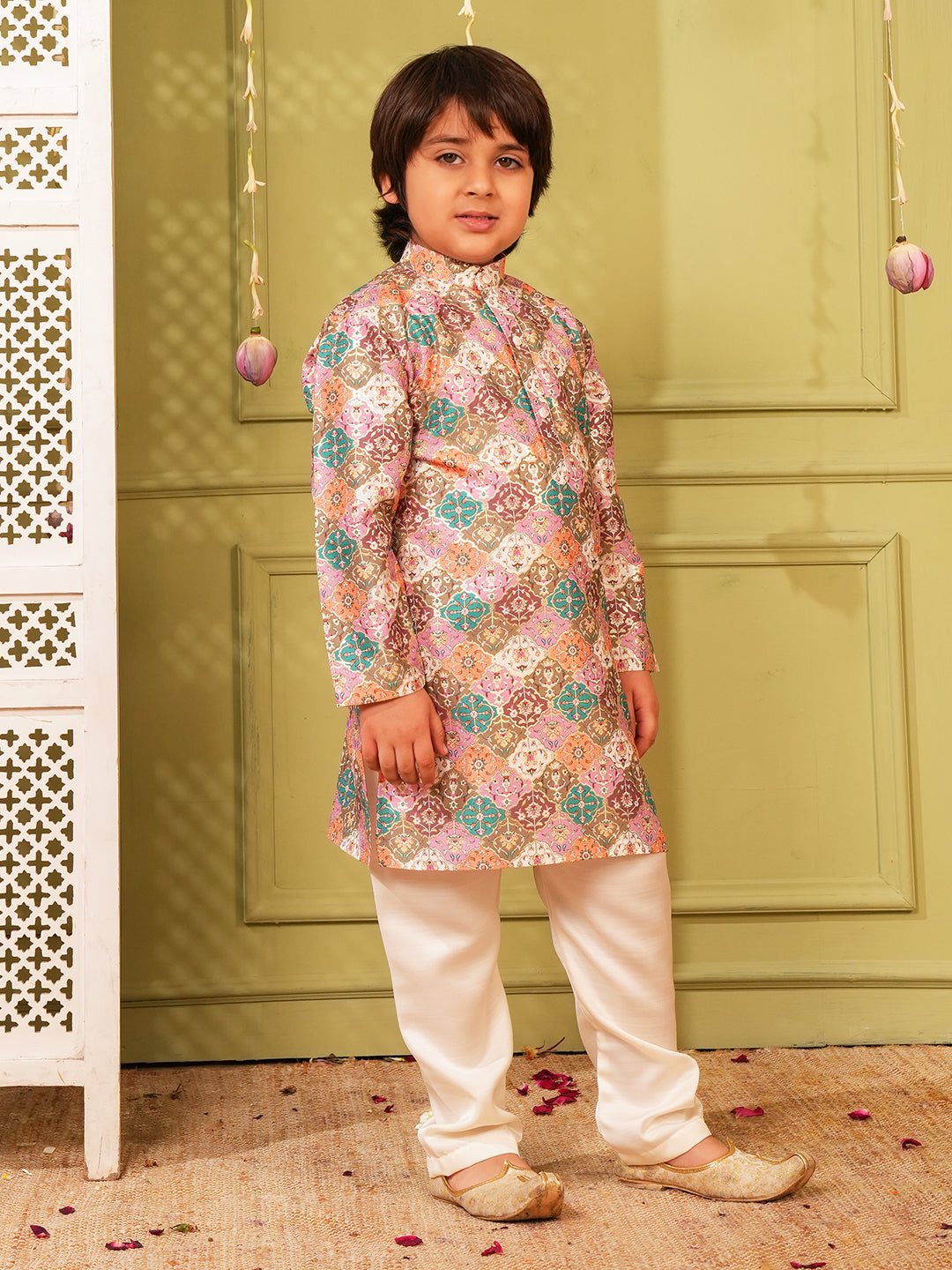 Multi Foil Print Silk Blend Kurta and Pyjama For Boys