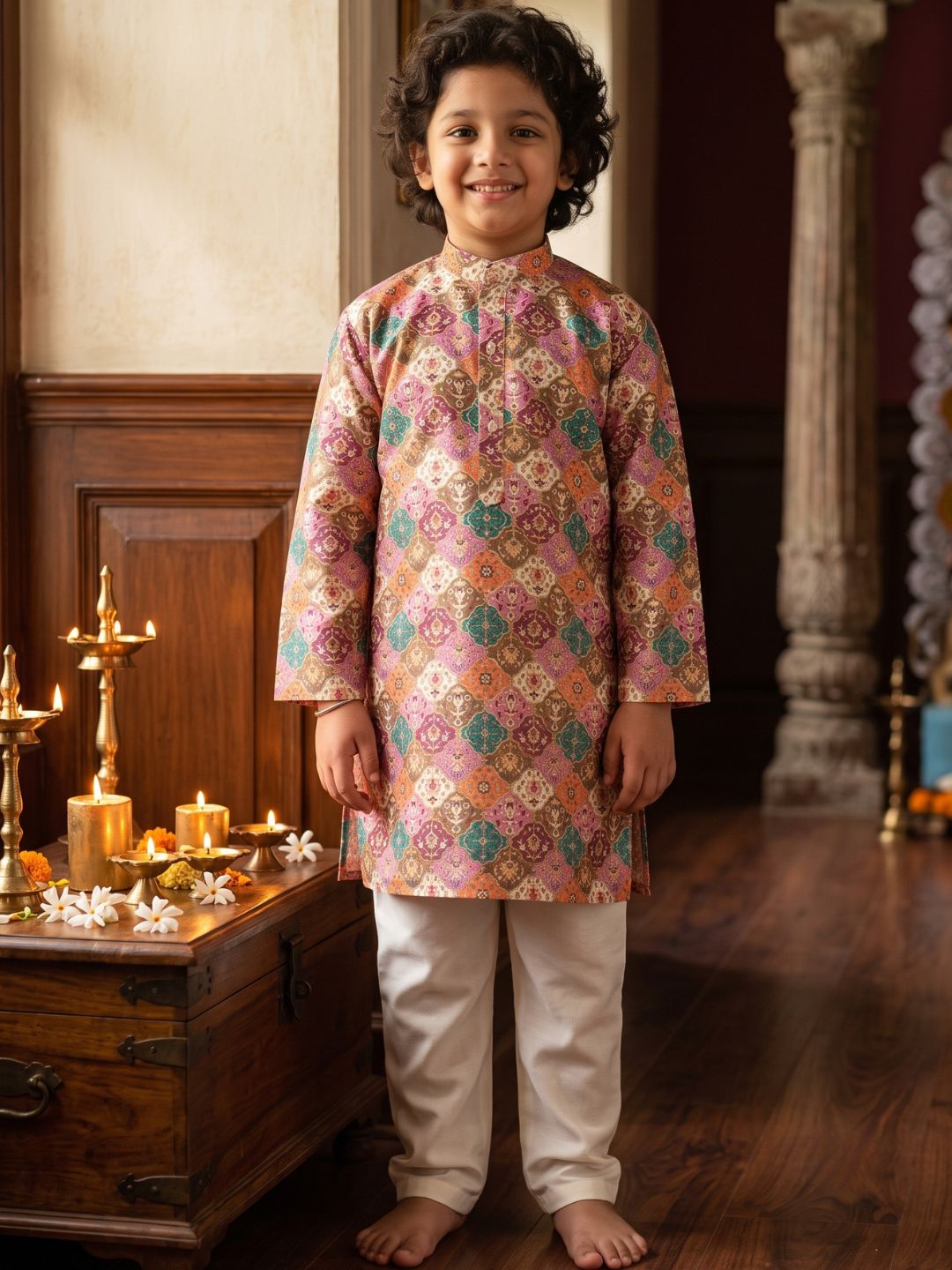 Multi Foil Print Silk Blend Kurta and Pyjama For Boys