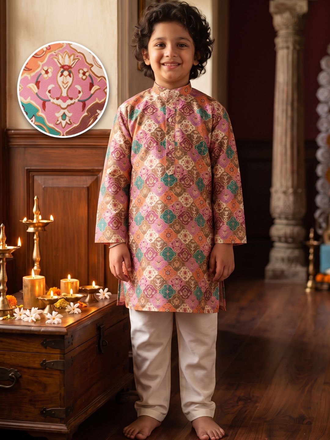 Multi Foil Print Silk Blend Kurta and Pyjama For Boys