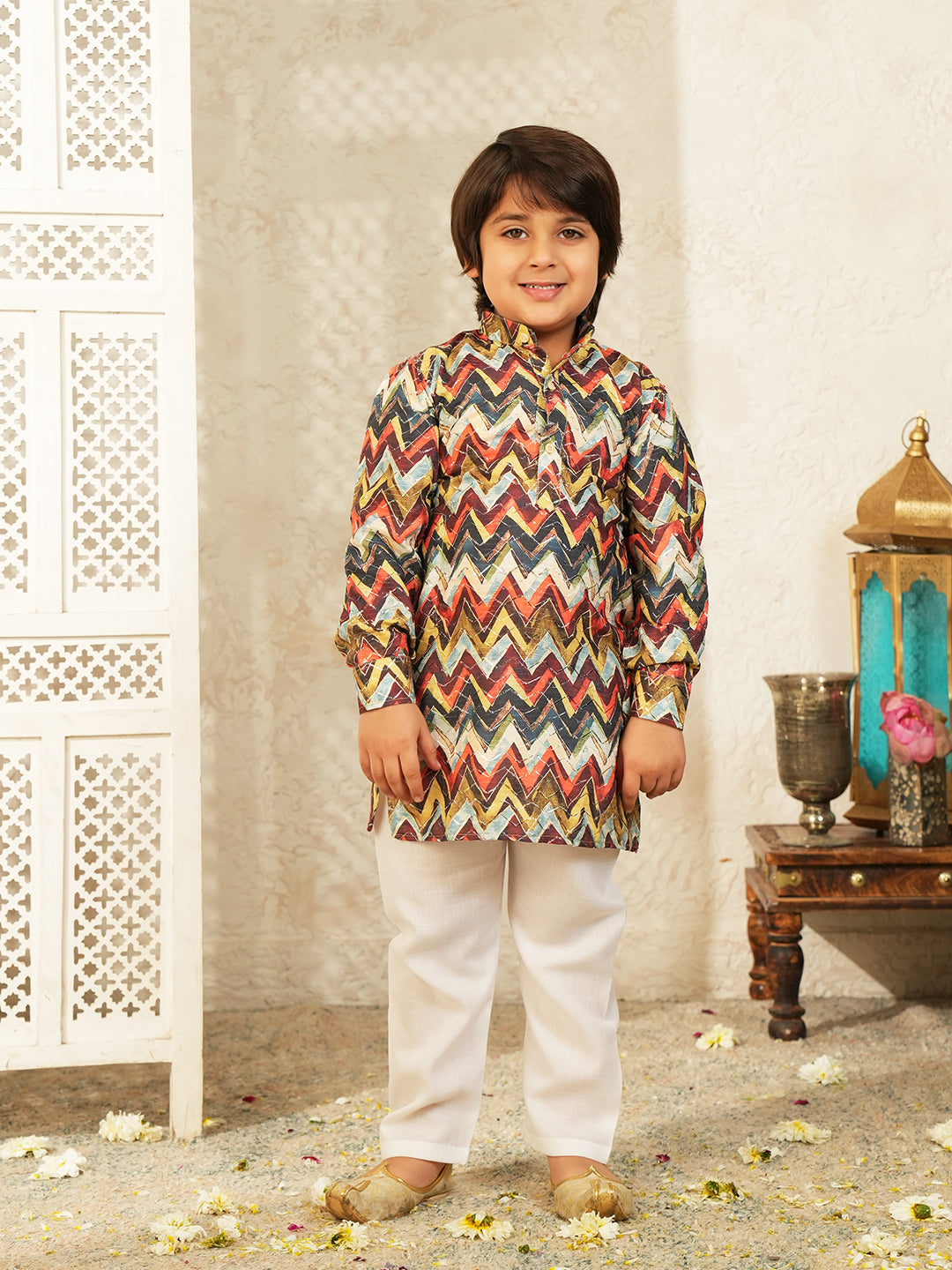 Multi-Color Printed and Embroidered Cotton Blend Kurta and Pyjama For Boys