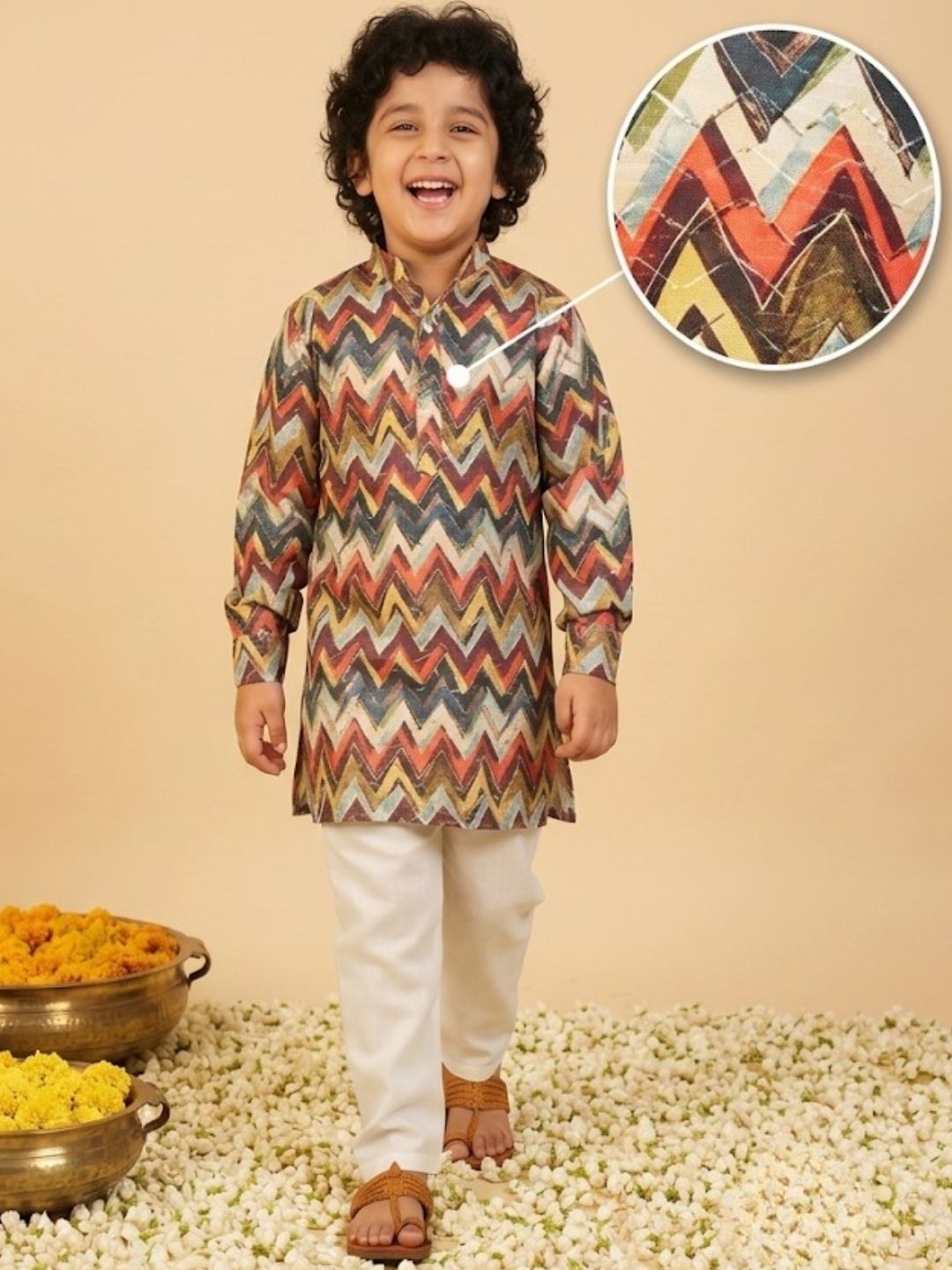 Multi-Color Printed and Embroidered Cotton Blend Kurta and Pyjama For Boys