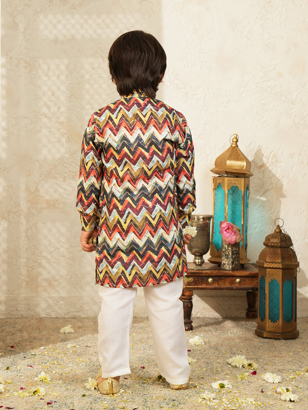 Multi-Color Printed and Embroidered Cotton Blend Kurta and Pyjama For Boys