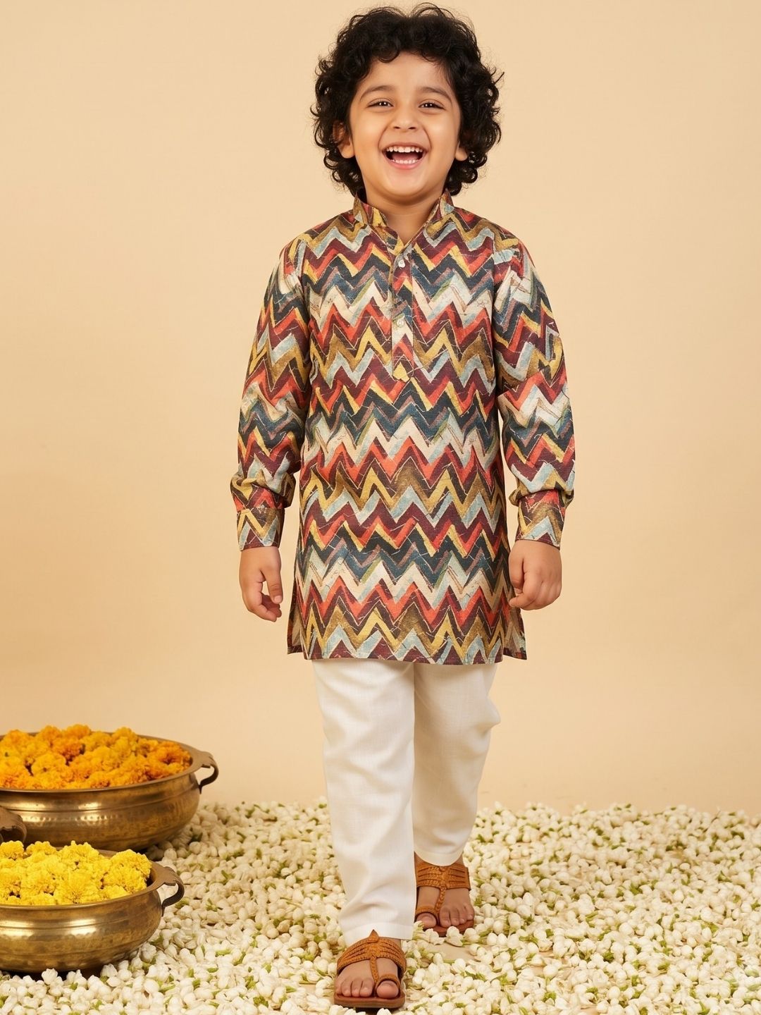 Multi-Color Printed and Embroidered Cotton Blend Kurta and Pyjama For Boys