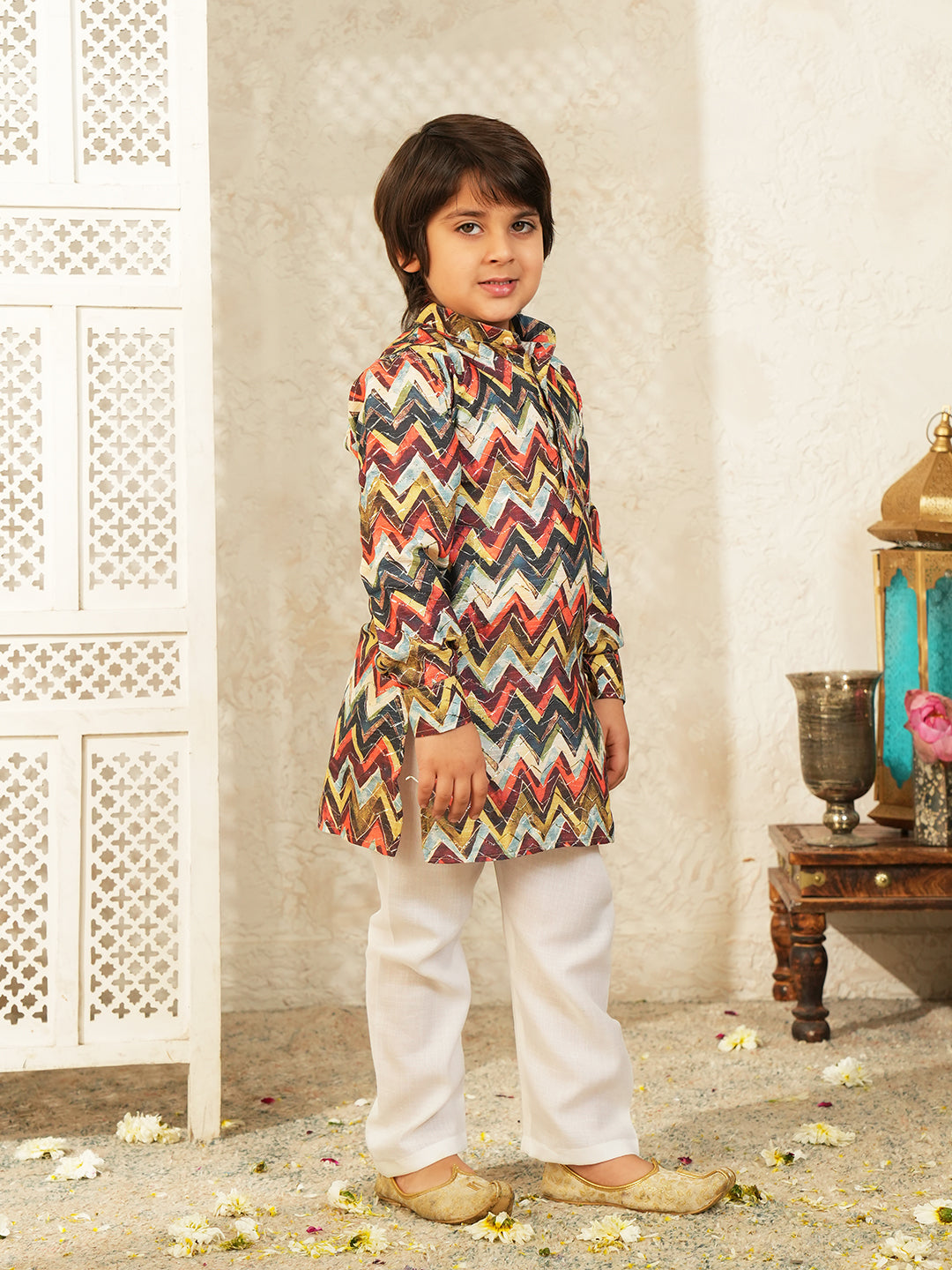 Multi-Color Printed and Embroidered Cotton Blend Kurta and Pyjama For Boys
