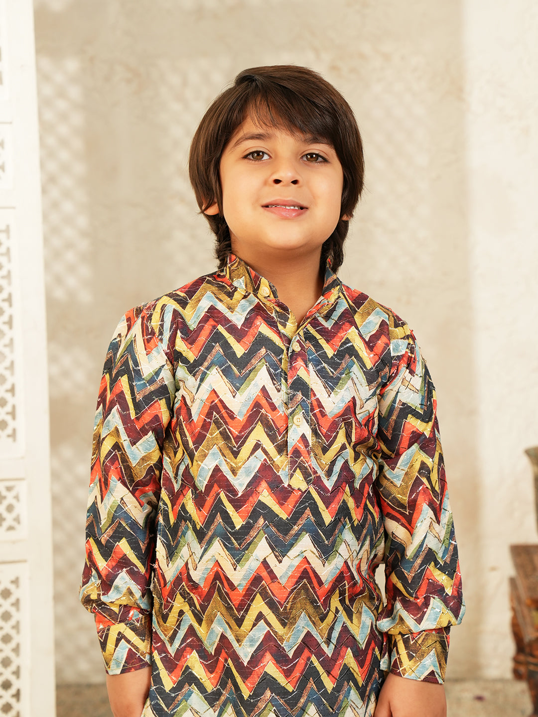 Multi-Color Printed and Embroidered Cotton Blend Kurta and Pyjama For Boys