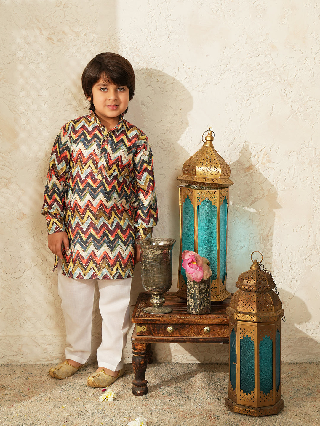 Multi-Color Printed and Embroidered Cotton Blend Kurta and Pyjama For Boys