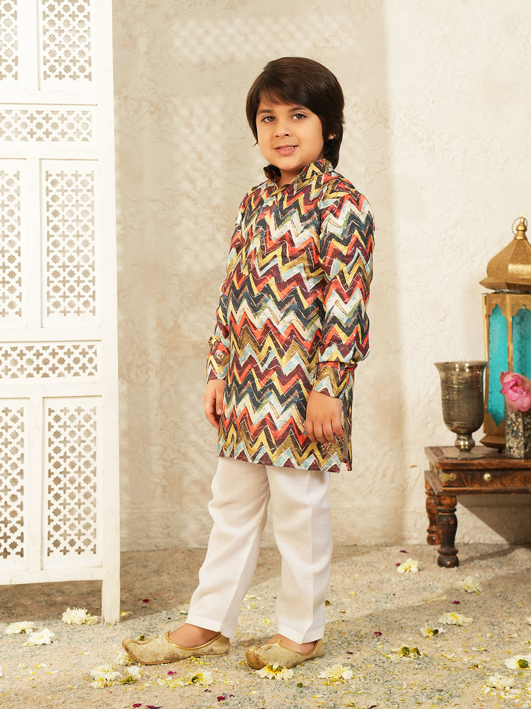 Multi-Color Printed and Embroidered Cotton Blend Kurta and Pyjama For Boys
