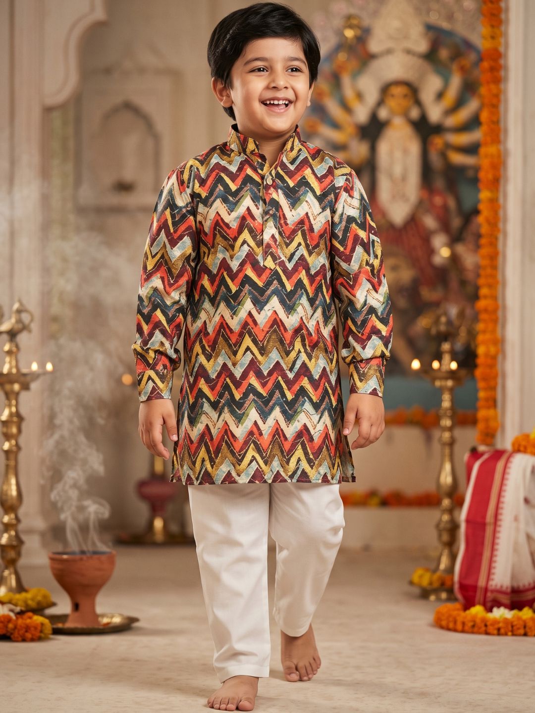 Multi-Color Printed and Embroidered Cotton Blend Kurta and Pyjama For Boys