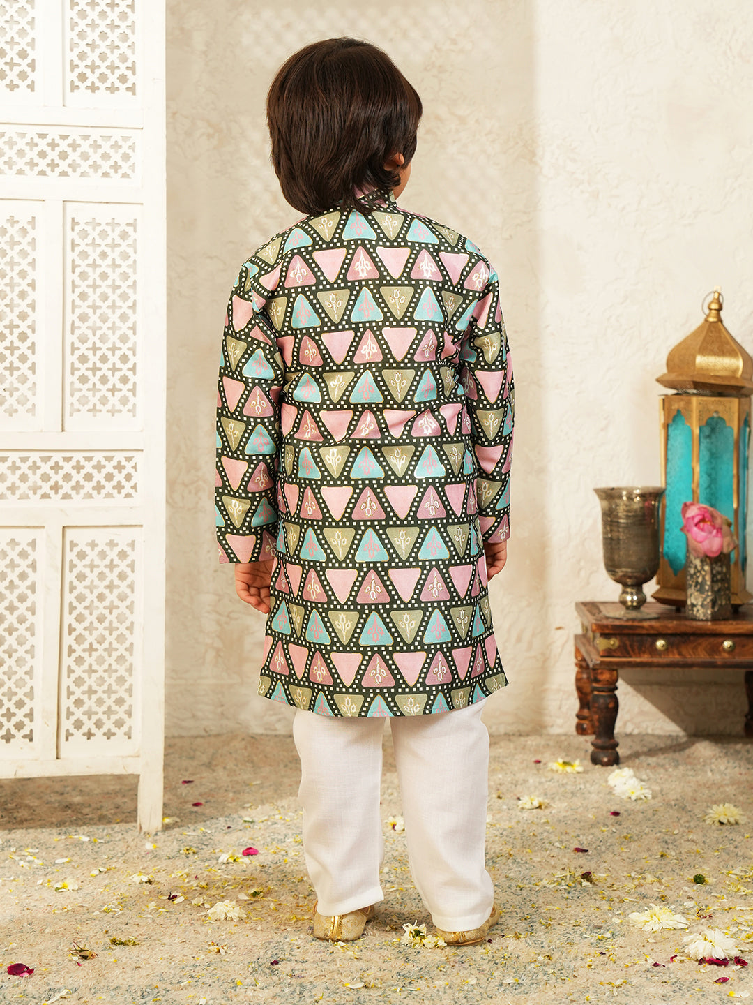 Black Foil Print Cotton Blend Kurta and Pyjama For Boys