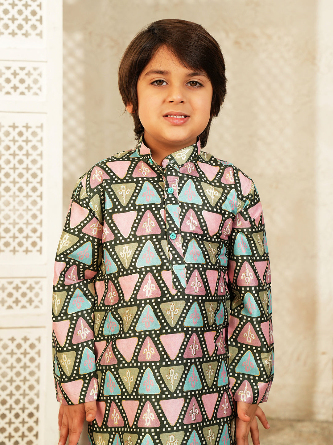 Black Foil Print Cotton Blend Kurta and Pyjama For Boys