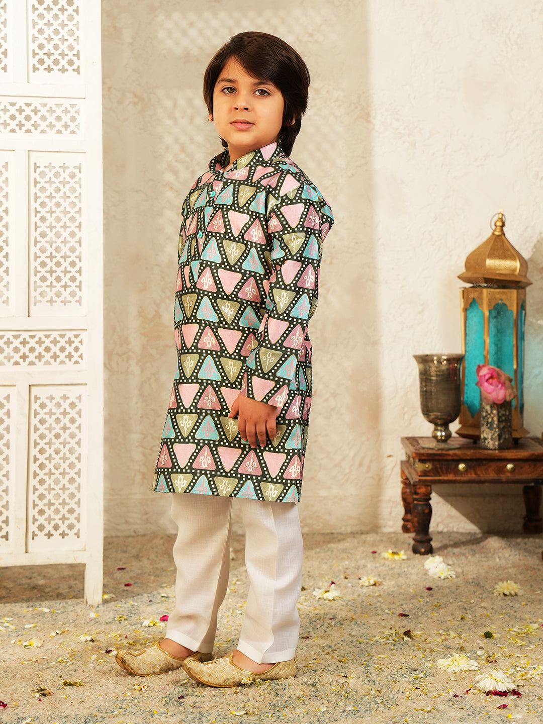 Black Foil Print Cotton Blend Kurta and Pyjama For Boys