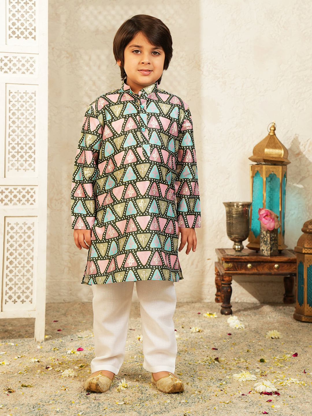 Black Foil Print Cotton Blend Kurta and Pyjama For Boys
