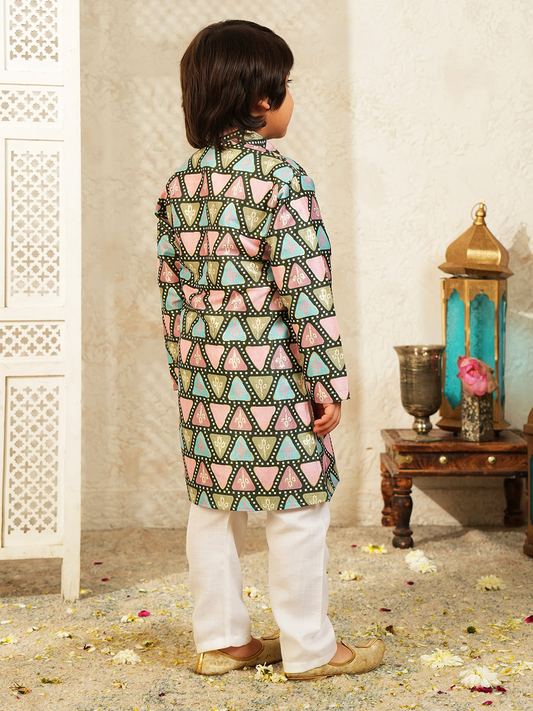Black Foil Print Cotton Blend Kurta and Pyjama For Boys