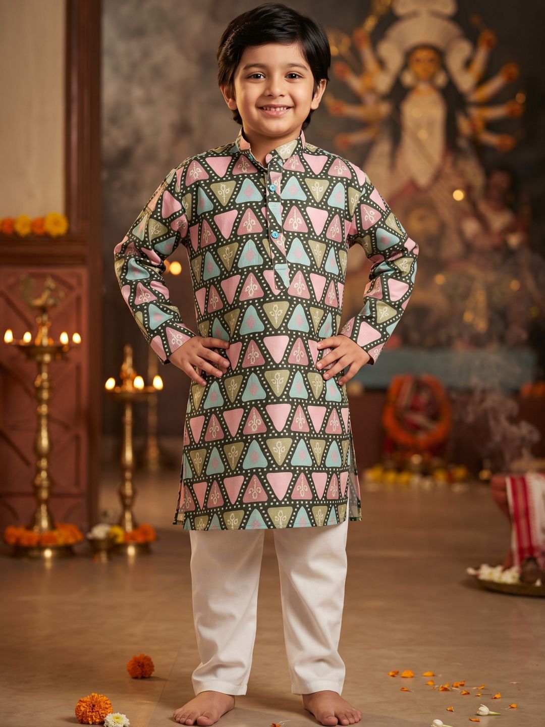 Black Foil Print Cotton Blend Kurta and Pyjama For Boys