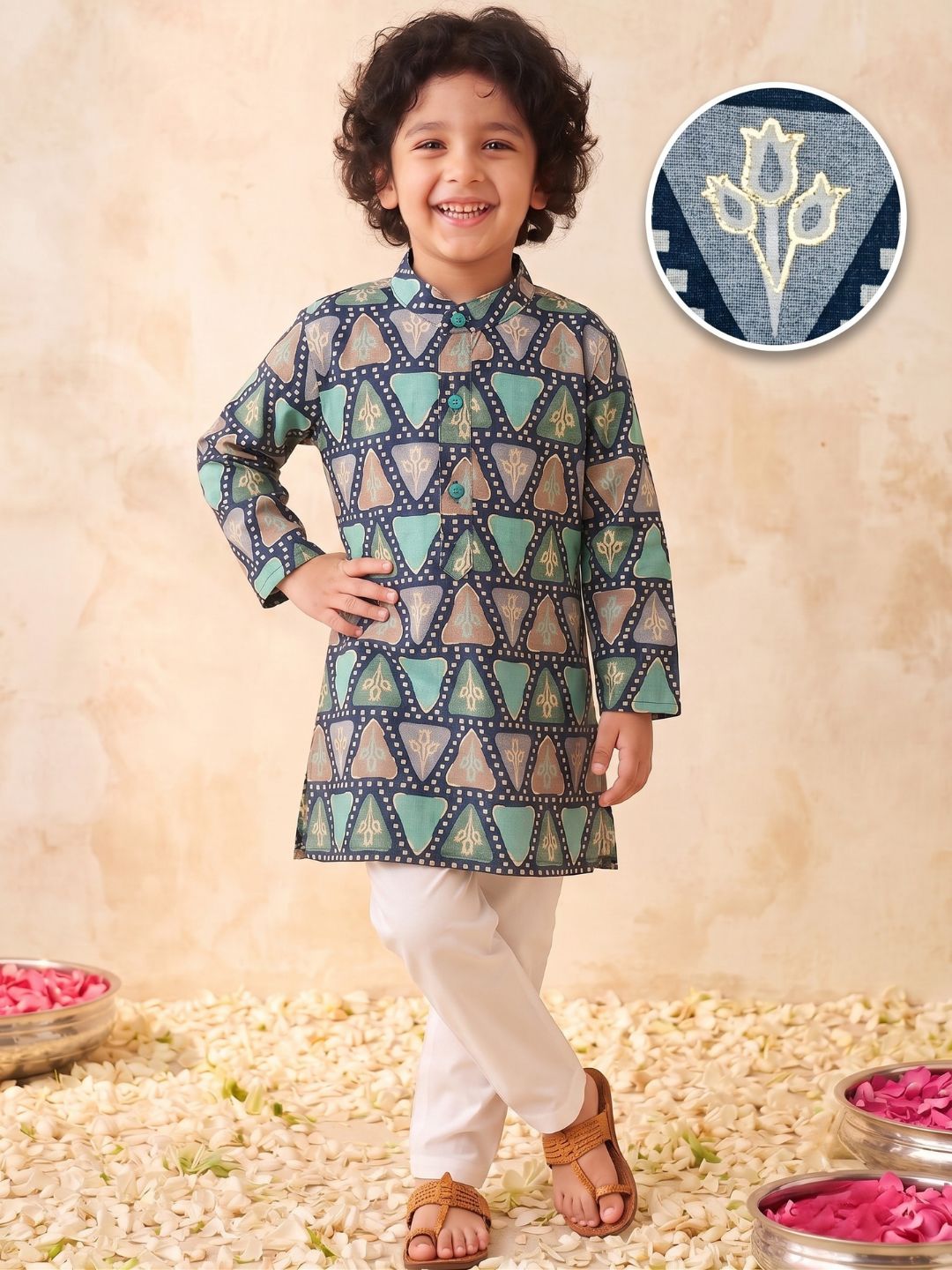 Blue Foil Print Cotton Blend Kurta and Pyjama For Boys