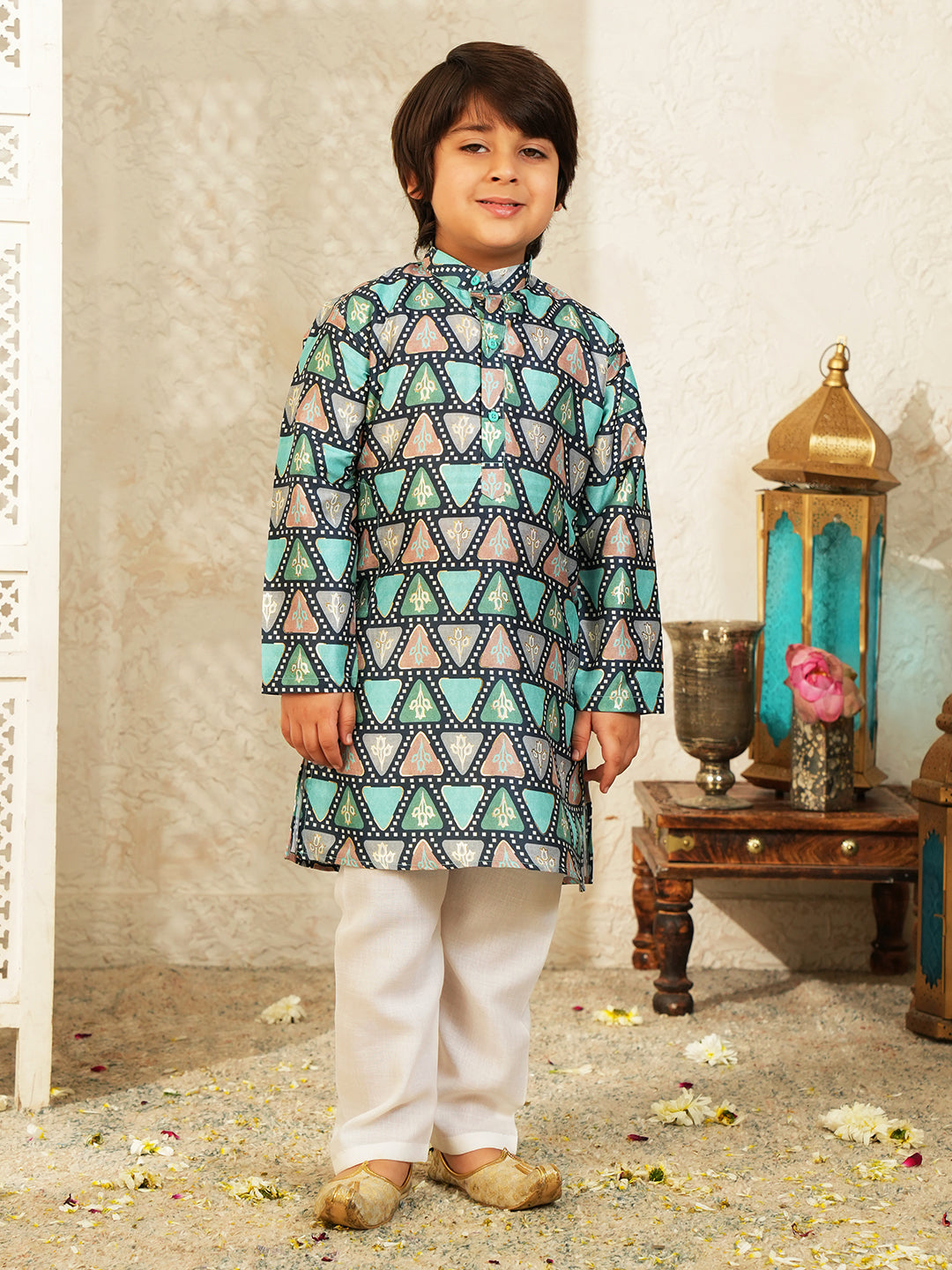 Blue Foil Print Cotton Blend Kurta and Pyjama For Boys