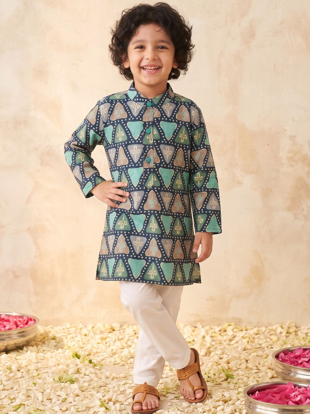 Blue Foil Print Cotton Blend Kurta and Pyjama For Boys