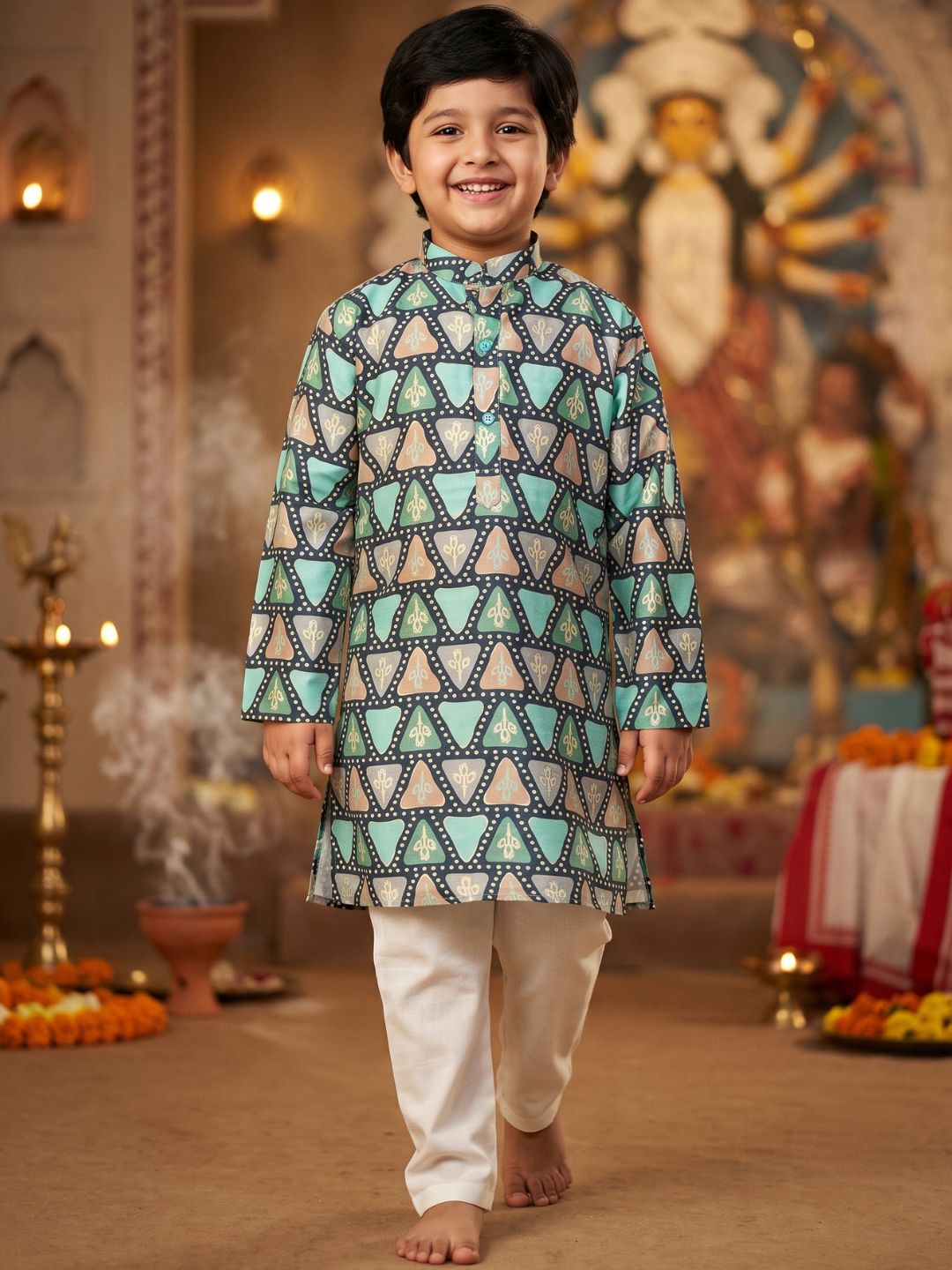 Blue Foil Print Cotton Blend Kurta and Pyjama For Boys
