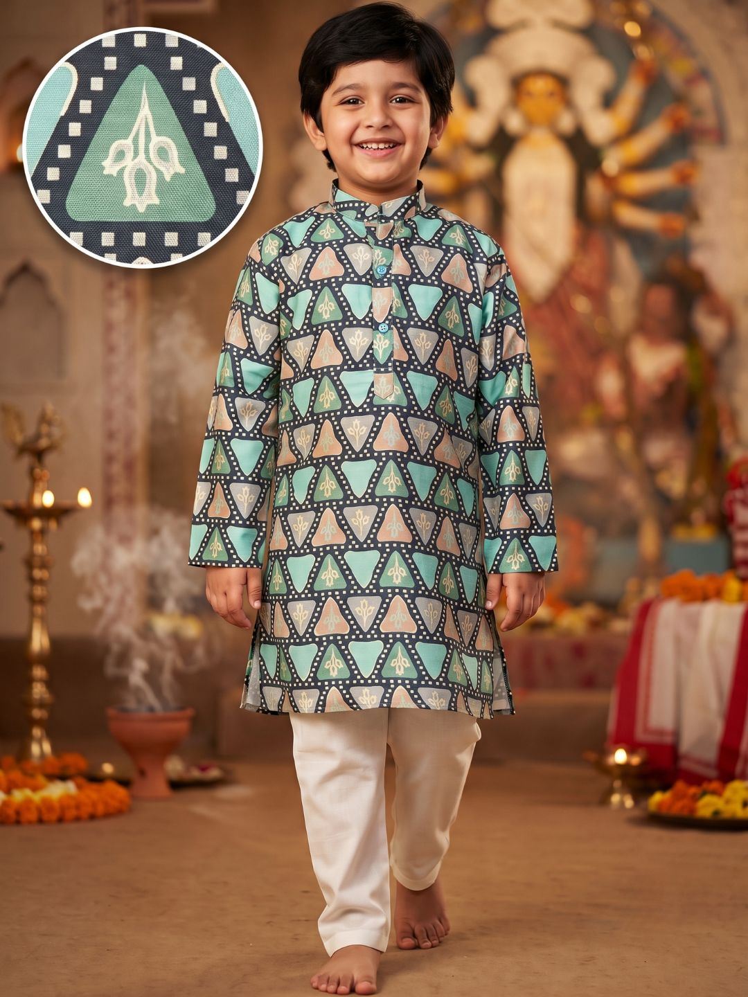 Blue Foil Print Cotton Blend Kurta and Pyjama For Boys