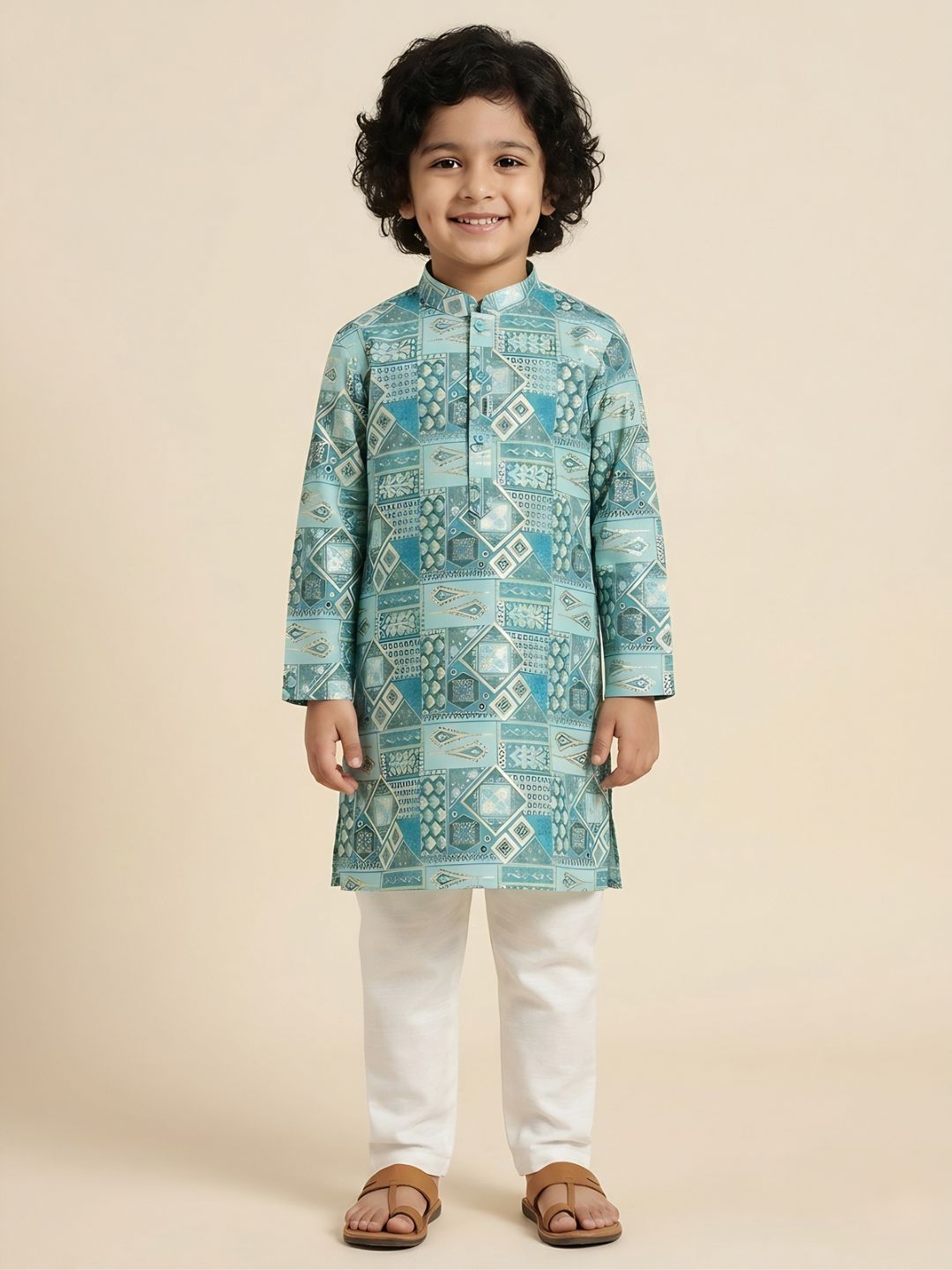 AJ Dezines Blue Ethnic Foil Print Silk Blend Kurta and Pyjama For Boys
