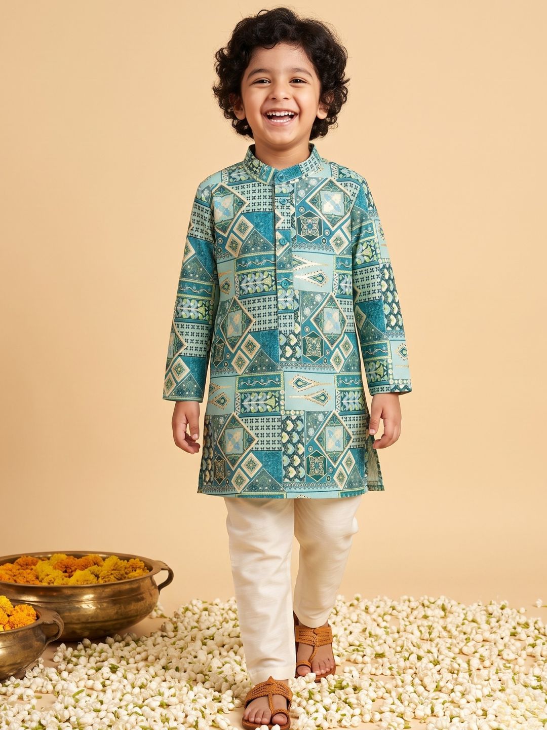 AJ Dezines Blue Ethnic Foil Print Silk Blend Kurta and Pyjama For Boys