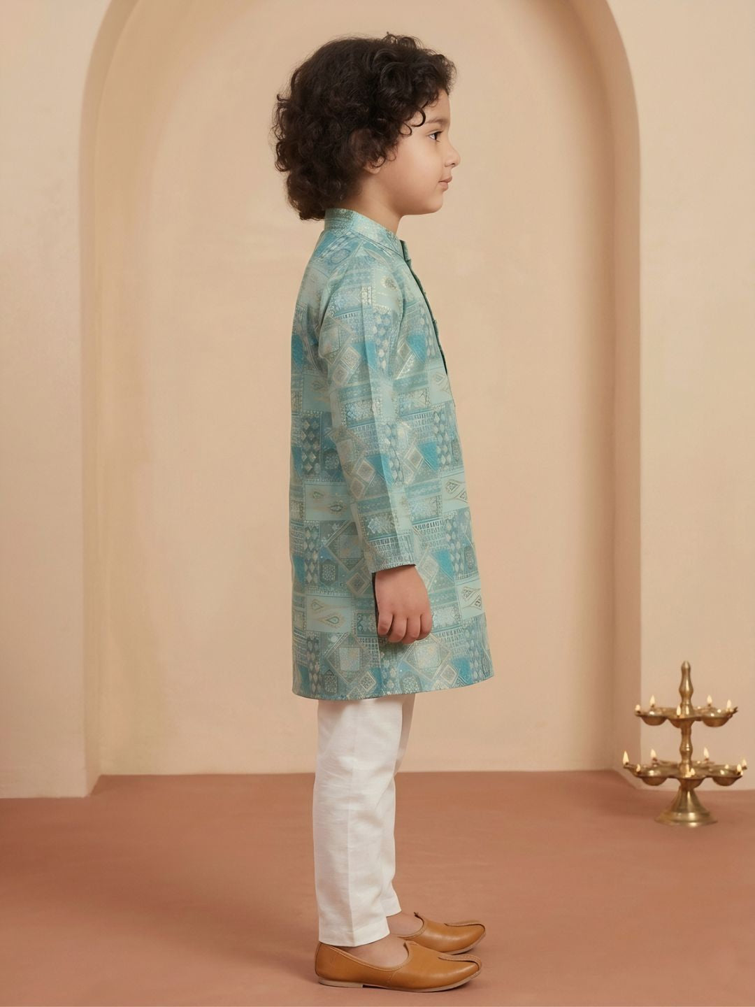 AJ Dezines Blue Ethnic Foil Print Silk Blend Kurta and Pyjama For Boys