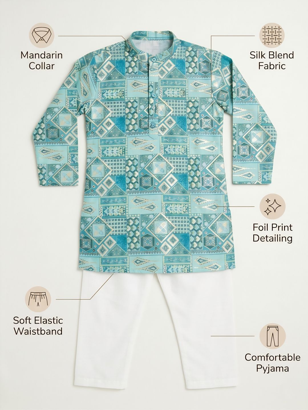 AJ Dezines Blue Ethnic Foil Print Silk Blend Kurta and Pyjama For Boys