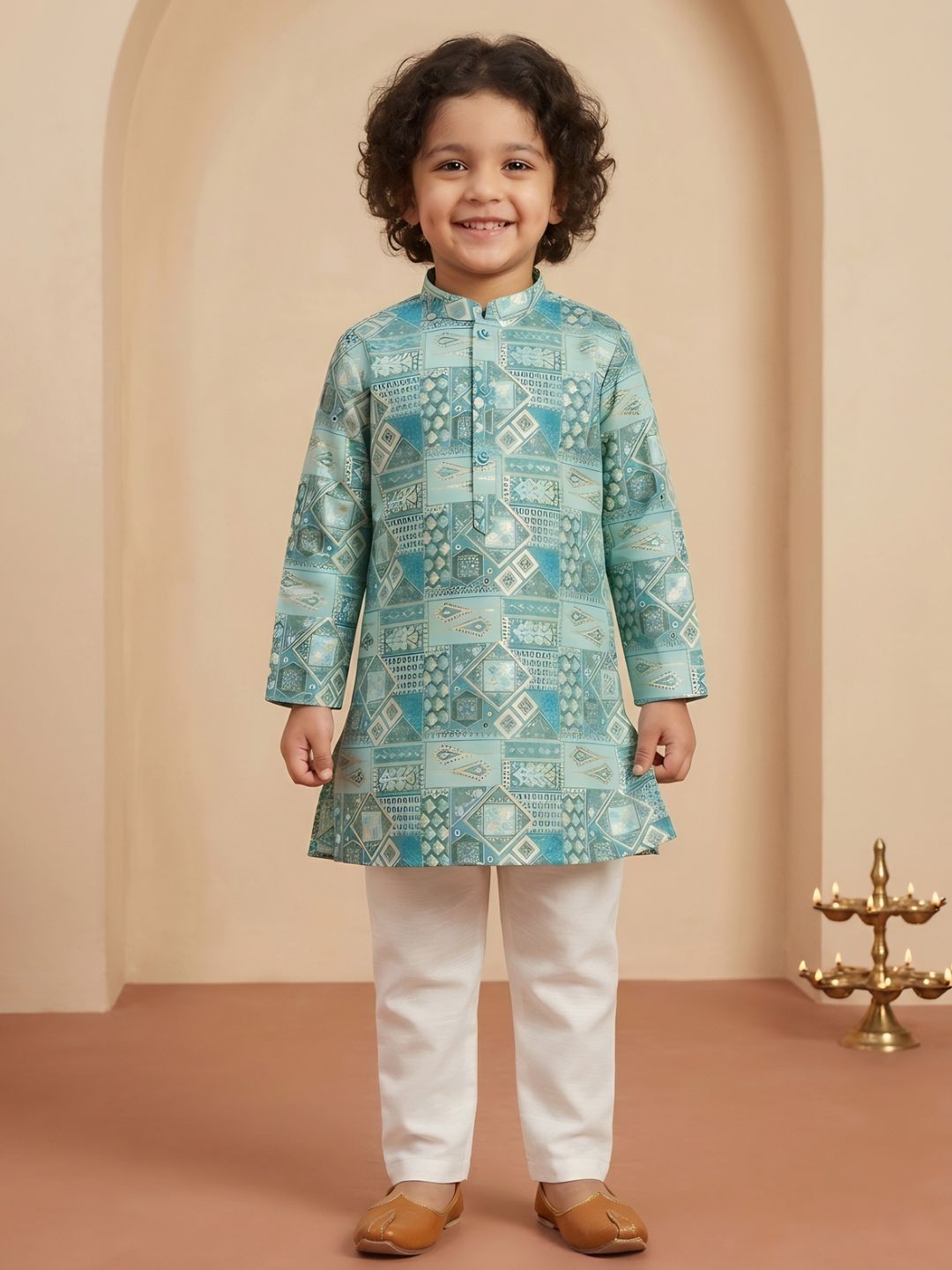 AJ Dezines Blue Ethnic Foil Print Silk Blend Kurta and Pyjama For Boys