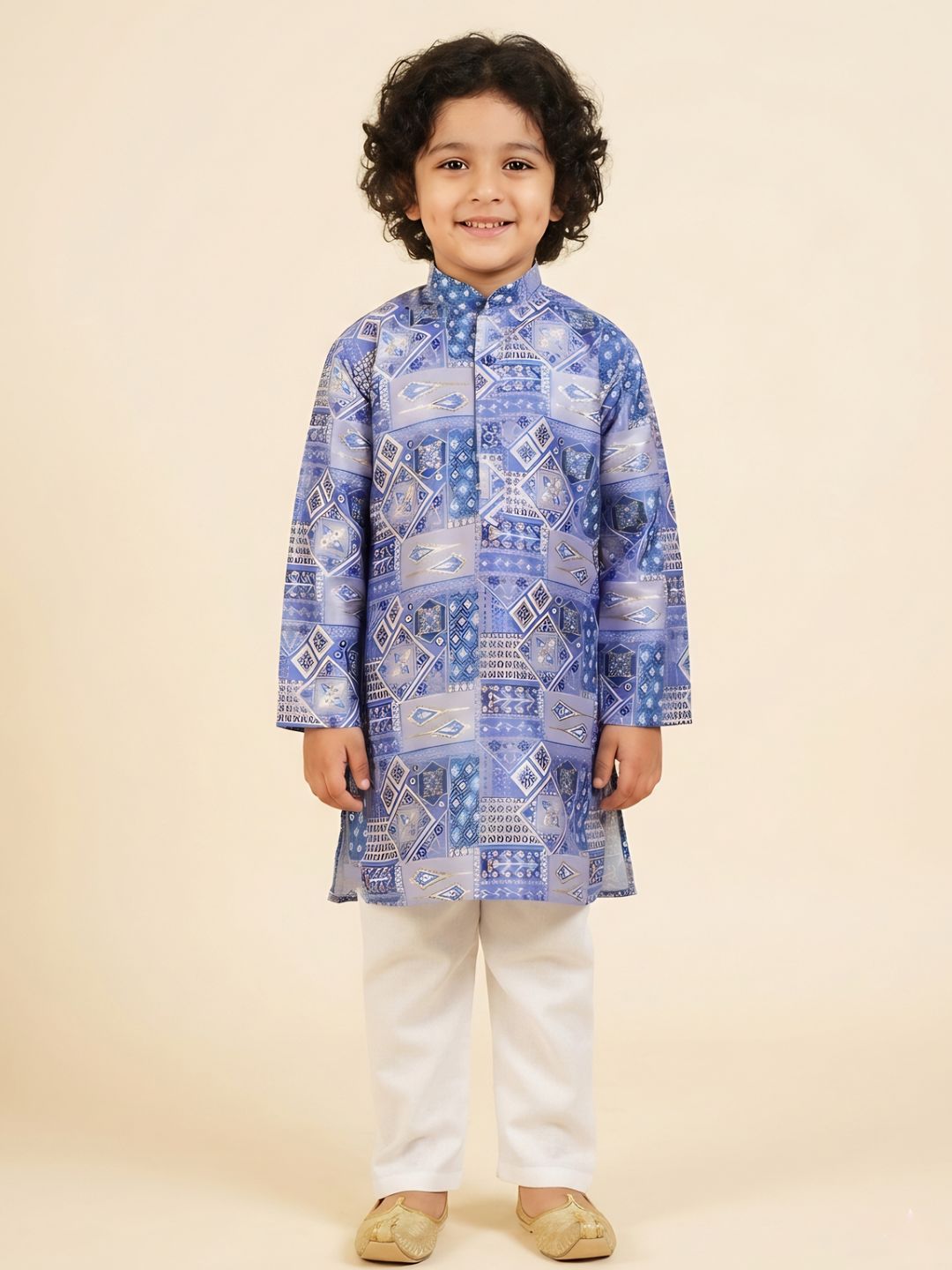 AJ Dezines Dark Blue Ethnic Foil Print Silk Blend Kurta and Pyjama For Boys